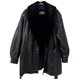 VTG Alamo Uomo‎ Leather Coat XXL Black Faux Fur Collar Belted Made in Korea